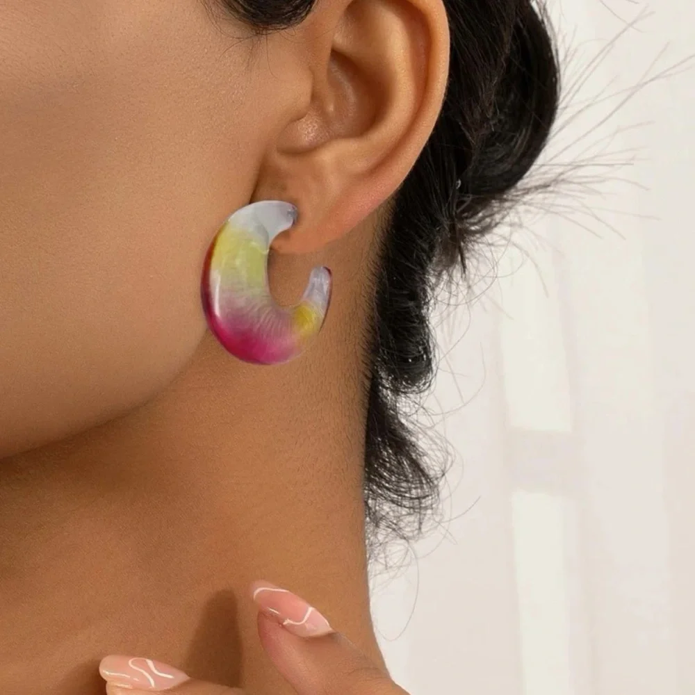Ombre Acrylic Hoop Earrings – Neon Tie-Dye C-Shape Statement Hoops